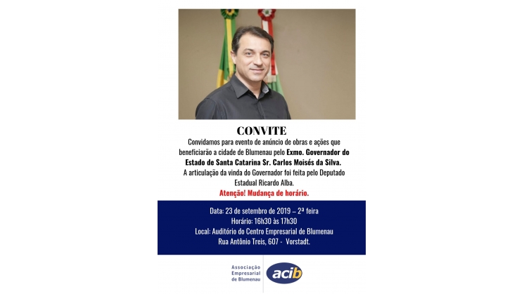 Governador Carlos Moisés deve anunciar obras para Blumenau na próxima segunda-feira, na Acib
