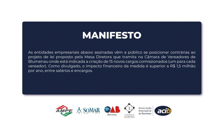 Entidades empresariais são contrárias à criação de cargos na Câmara de Vereadores de Blumenau