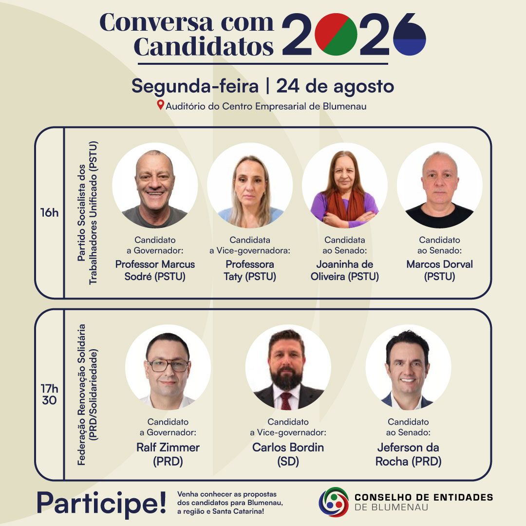 Blumenau recebe nesta segunda-feira (24) o primeiro encontro do “Conversa com Candidatos 2026”, com candidatos às eleições estaduais e federais