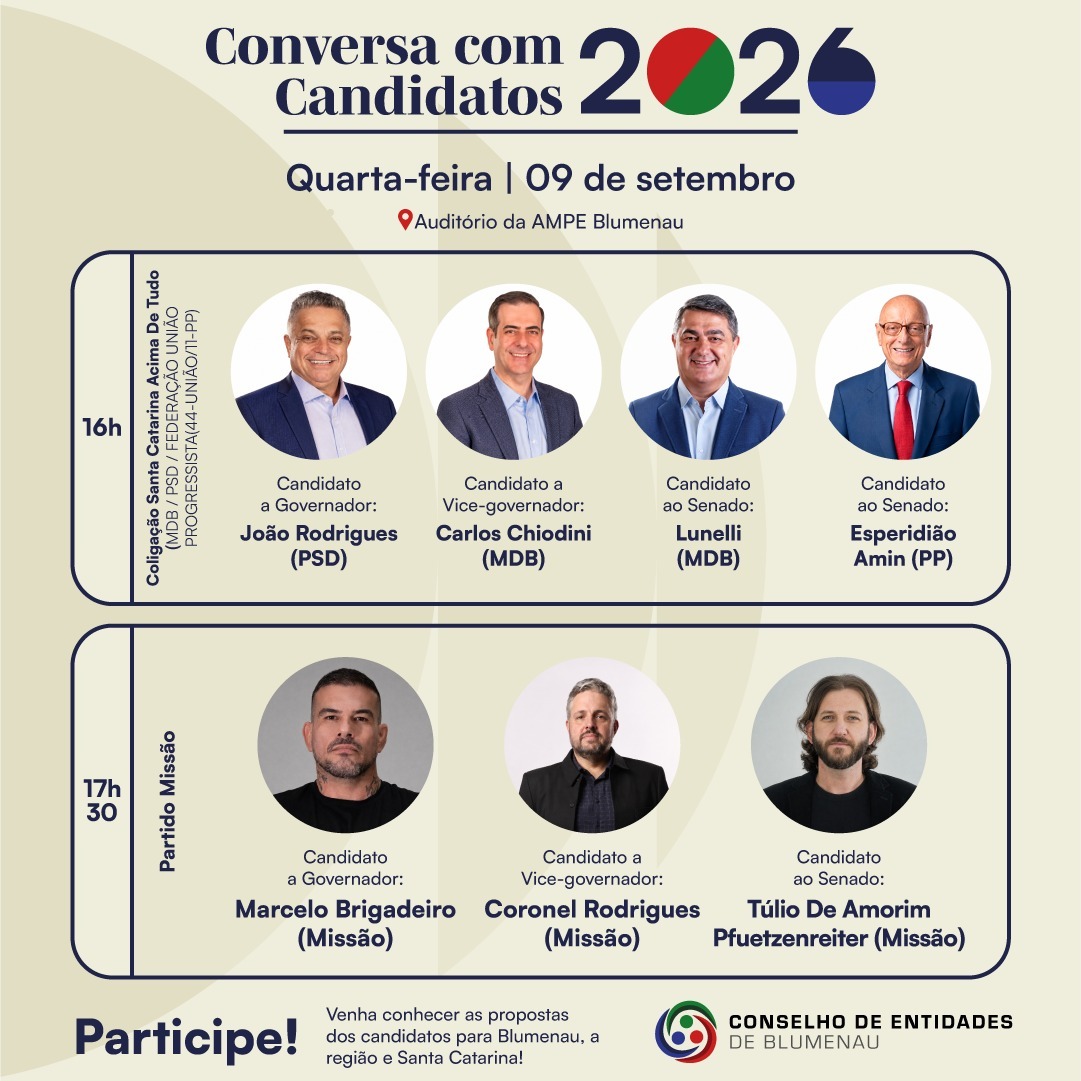 Blumenau recebe candidatos a governador João Rodrigues e Marcelo Brigadeiro nesta quarta-feira (9), em novo encontro do “Conversa com Candidatos 2026”