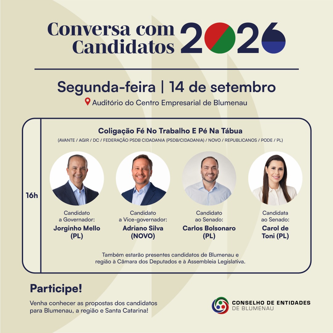 Conselho de Entidades de Blumenau recebe  atual governador e candidato à reeleição, Jorginho Mello (PL),  na segunda (14), no encontro “Conversa com Candidatos 2026”